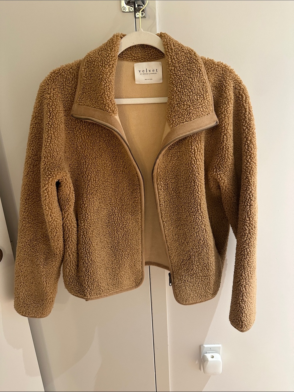 Velvet Teddy Sherpa Zip Jacket in Camel Brown